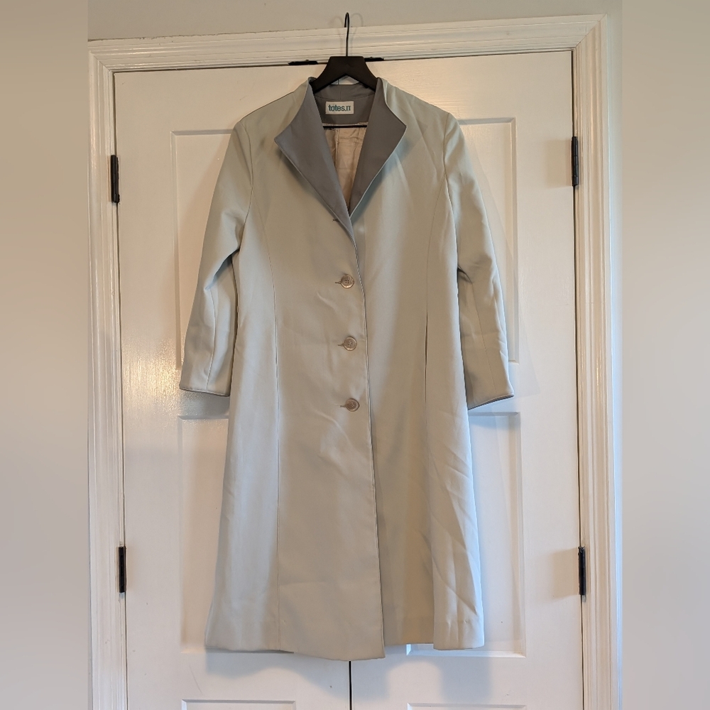 Totes II Long Lightweight Trench Coat Size 14 Gray Trim Tailored Dress Coat